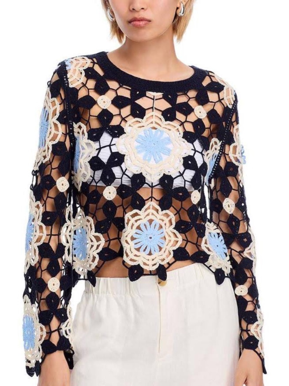 AQUA Women’s Circle Crochet Long Sleeve Top NWT size XS
